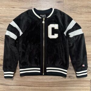 Champion X-Small Black and White Fleece Varsity Jacket with gold Logo zipper